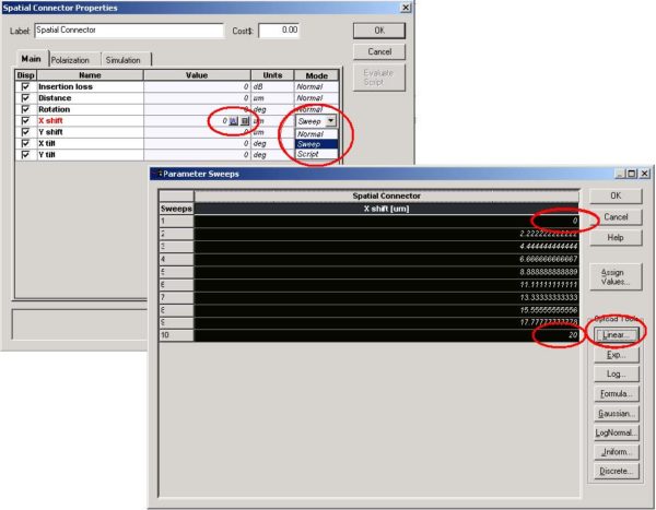 Optical System - Figure 19 -  Using parameter sweep for the connector parameter X shift from 0 to 20 um