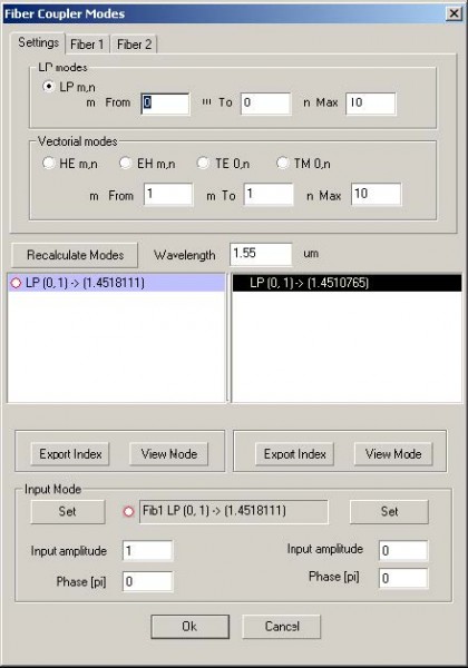 Optical Grating - Fiber Coupler modes dialog box